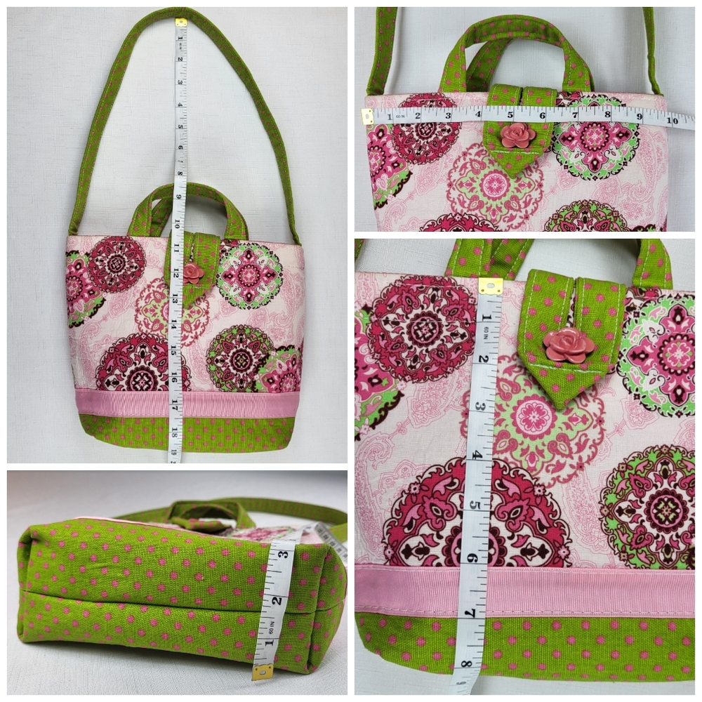 Ever Sew English Handmade PURSE Handbag Small Tote Fabric Green Pink Medallions - Picture 7 of 13